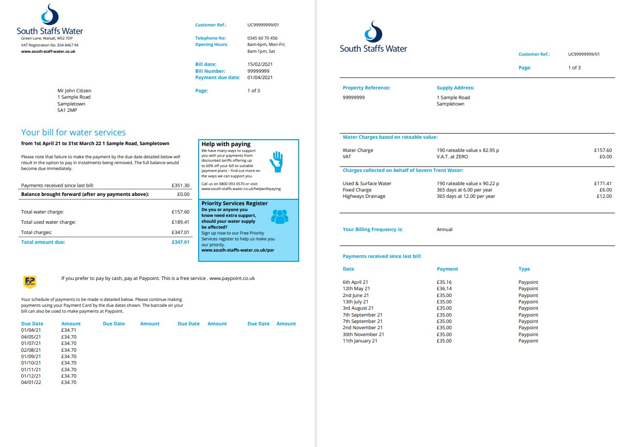 United Kingdom South Staffs Water utility bill template in Word and PDF format, 2 pages